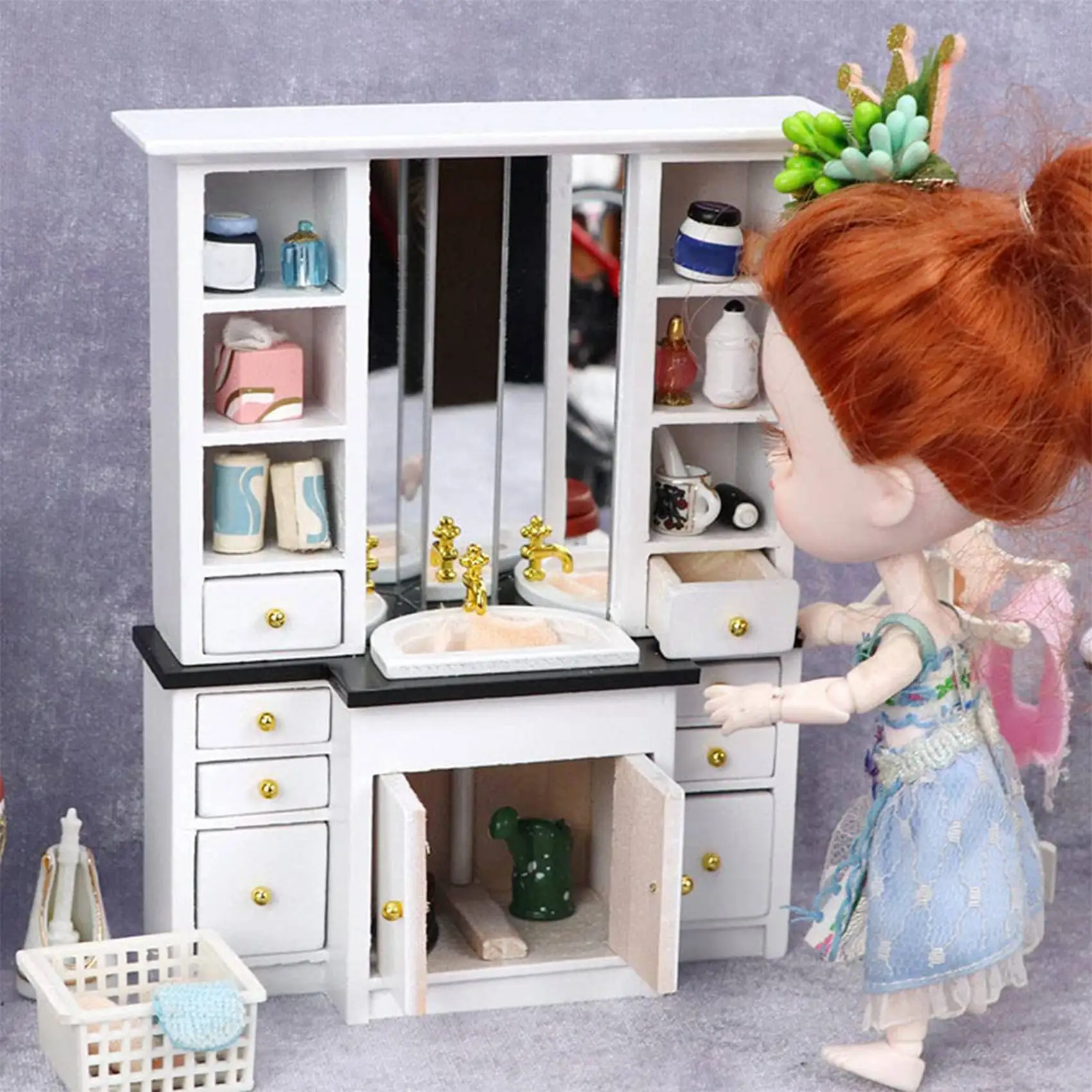 1/12 House Miniature Cupboard Wash Basin Sink Cabinet Furniture Mini Decor Pretend Play Simulation Furniture