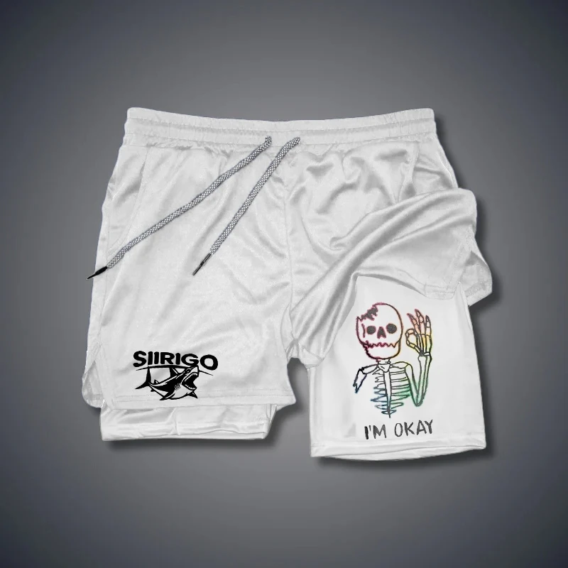 2024 European and American Style Skull Printed Double Layered Shorts, Sports Casual Quick Drying Sports Shorts Beach Shorts