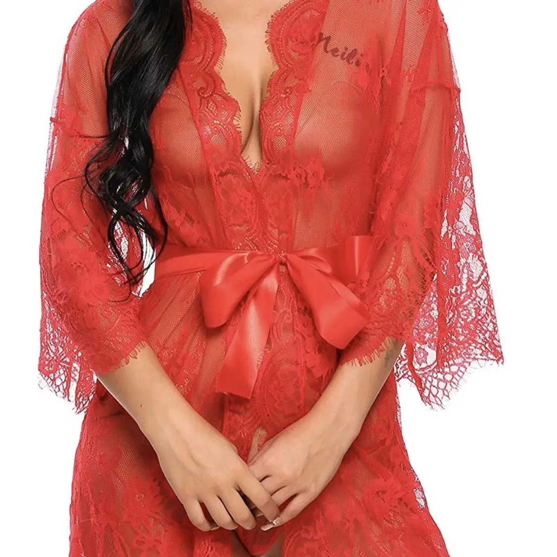 Women\'s Sexy Temptation Lace Nightgown Babydoll Lingerie Mesh Nightgown Large Size Cardigan Nightgown