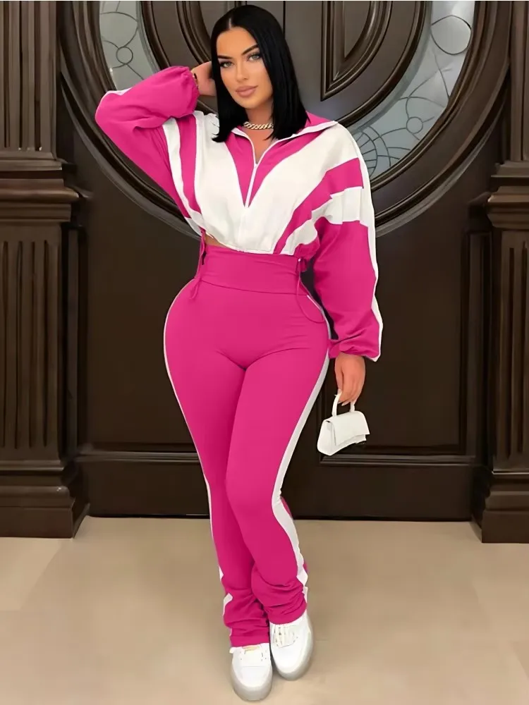 

Joskaa 2025 Women's Color Block Two Piece Set Casual Sporty Full Sleeve Zip Up Jacket + High Waist Pants Matching Tracksuits