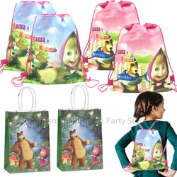 Masha and bear Paper Gift Bag Birthday Decor Backpack Masha Drawstring Bag Biscuit Handle Candy Bag Baby Shower Party Supplies ﻿