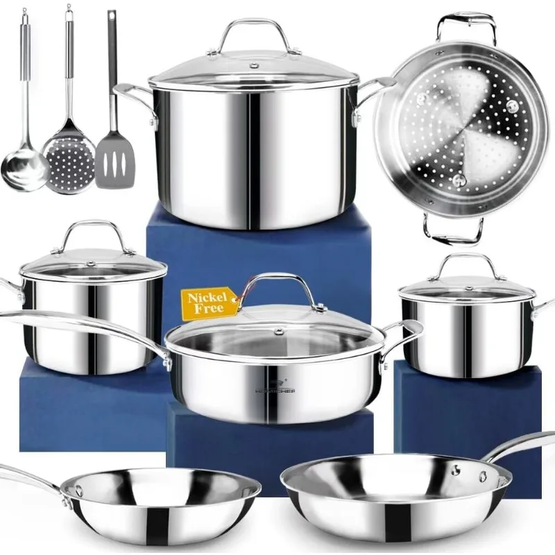 14 Piece Nickel Free Stainless Steel Cookware Set All 3 Layers - Mirror Polished Pot Set -