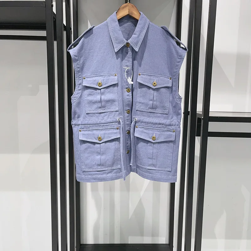 

2025 Early Autumn Buttoned Shoulder Pockets Multi-Pocket Drawstring Belly-Hugging Mid-Length Jacket vests
