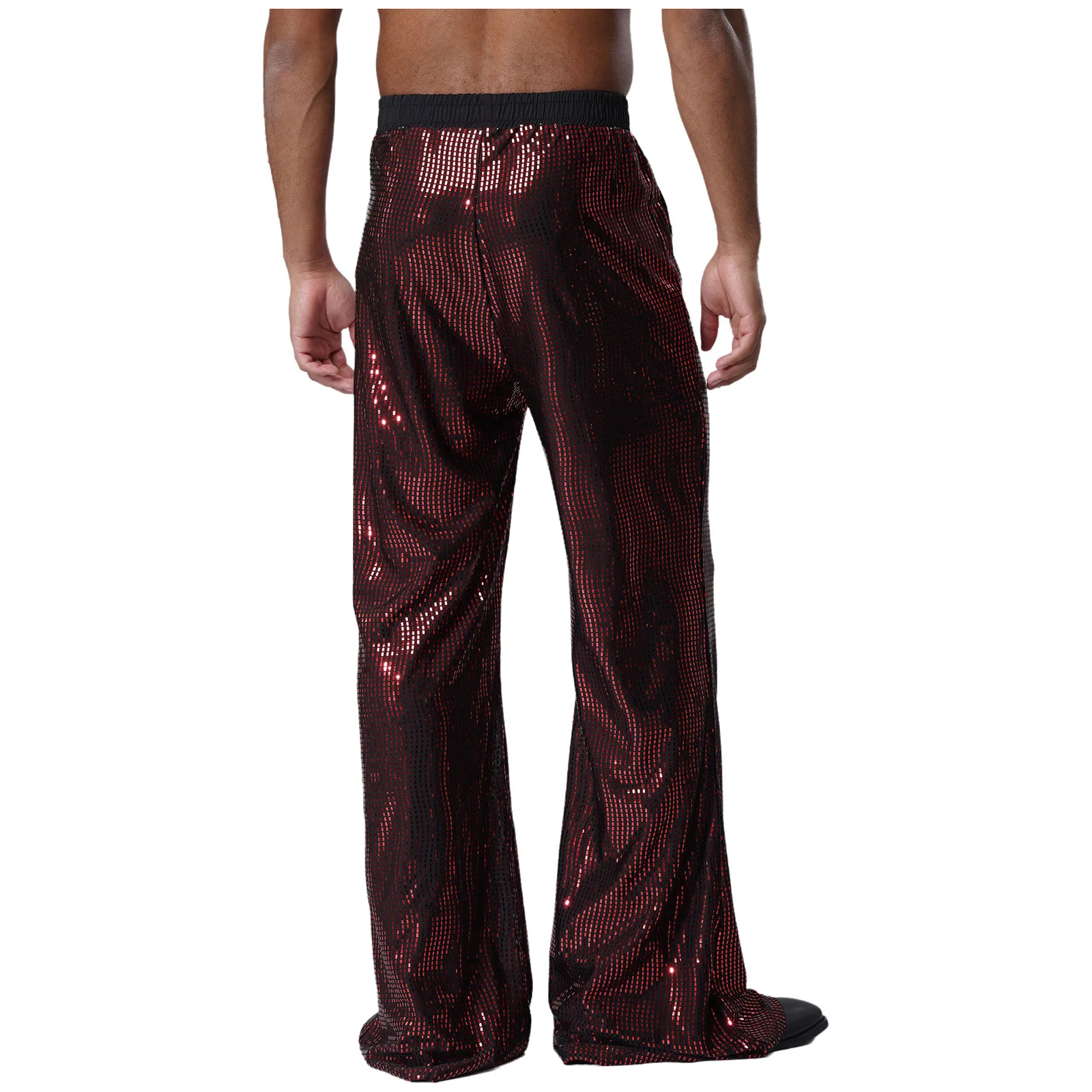 Men Glitter Sequin Flared Pants 70s Disco Costume Elastic Waist Bell Bottom Long Pants Trousers for Club Jazz Rock Music Party