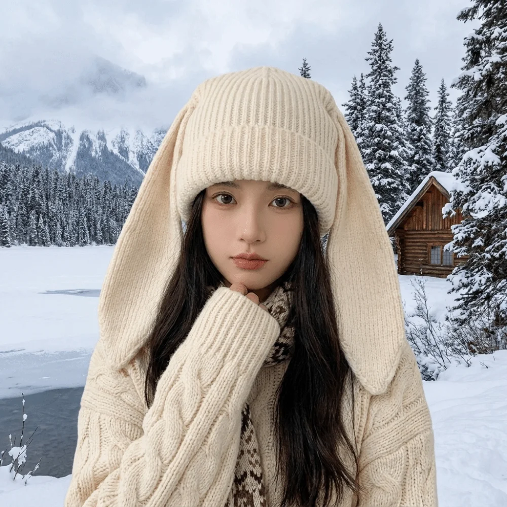 Solid Color Rabbit Long Ear Knitted Hat Cartoon Thickened Bunny Beanies Hat Coldproof Breathable Winter Pullover Hat Outdoor