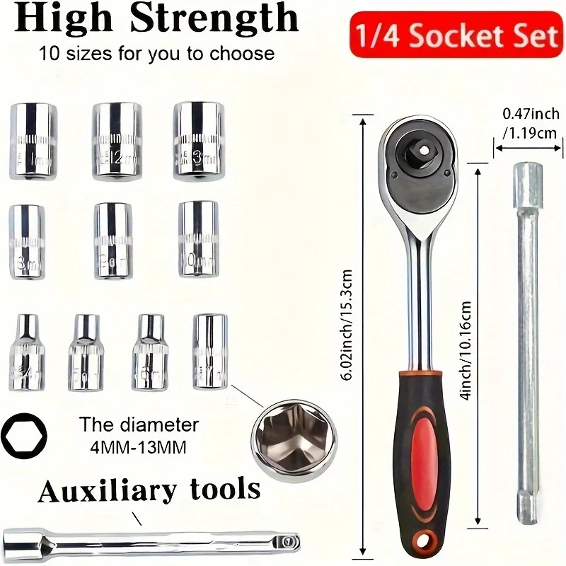 12 pcs of 1/4 multifunctional car maintenance tools, ratchet socket wrench, maintenance tool combination set