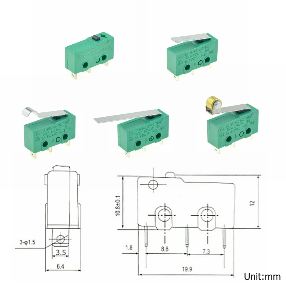 3 Pins Micro Limit Switches NO+NC SPDT 3A/5A 250VAC Mini Micro Switch 17mm 29mm Long Arc Roller Lever Touch Switch Microswitches