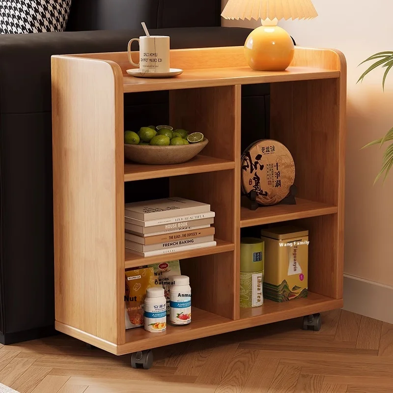 Small Multi-function Living Room Storage Rack Solid Wood Movable Side Table Roller Modern Design Bookshelf Multi-layer Storage