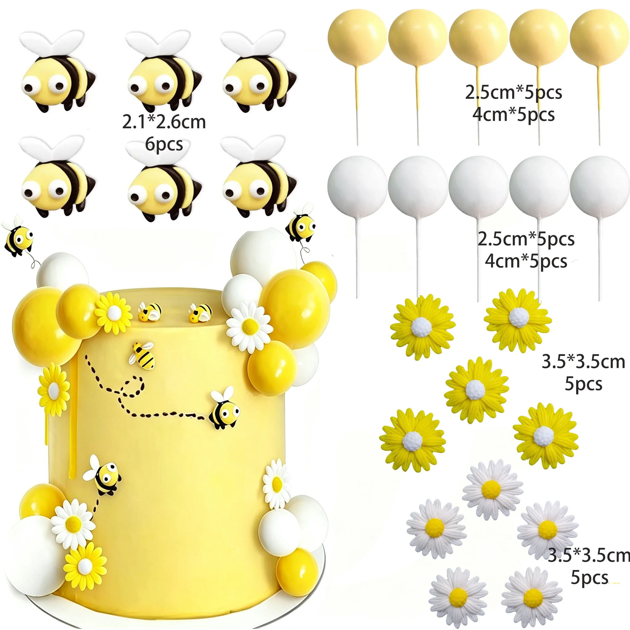 36pcs Bee Daisy Cake Decorations Yellow White Foam Balls Flower Cake Toppers DIY for Baby Shower Birthday Wedding Party Decor