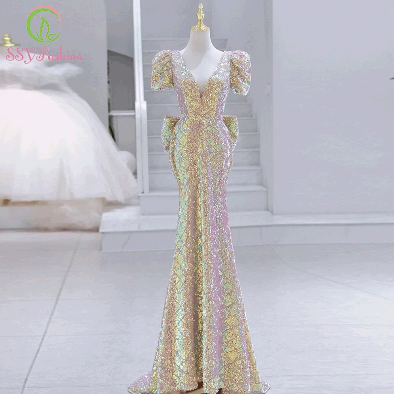 

SSYFashion luxury gold mermaid evening dress for women sexy slim puff sleeve fishtail full sequins Sparkling party formal gowns