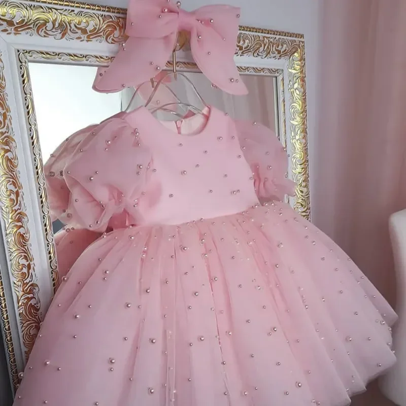 Baby Girl Princess Pearl Tutu Dress Puffy Sleeve Infant Toddler Child Bow Tulle Vestido Party Birthday Baby Clothes 12M-14Y