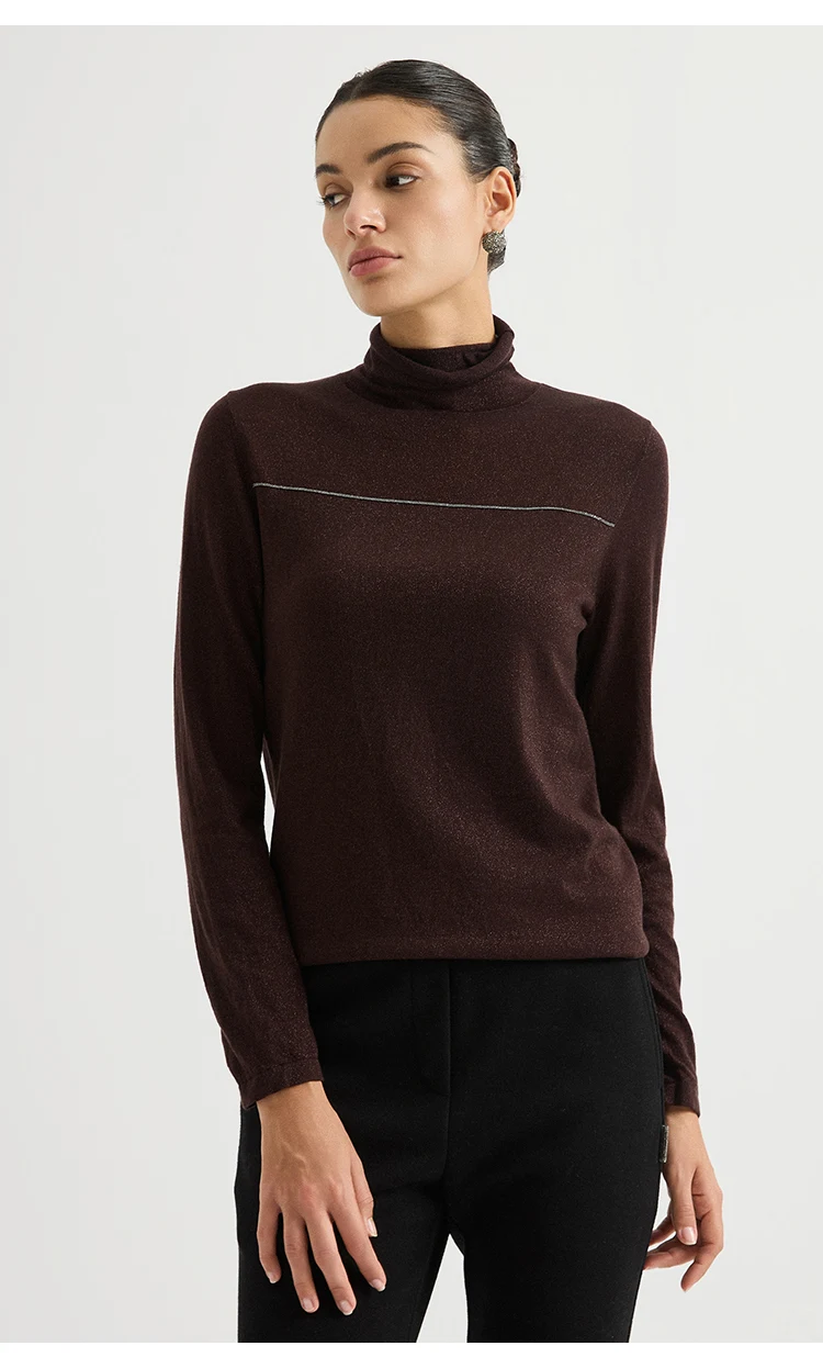 BY3621699 Damen-Pullover mit Rollkragen, Lurex-Strick, Wollmischung, Langarm, Brustnaht mit metallischem Glanz, dezenter Luxus für den Herbst – Detail 8