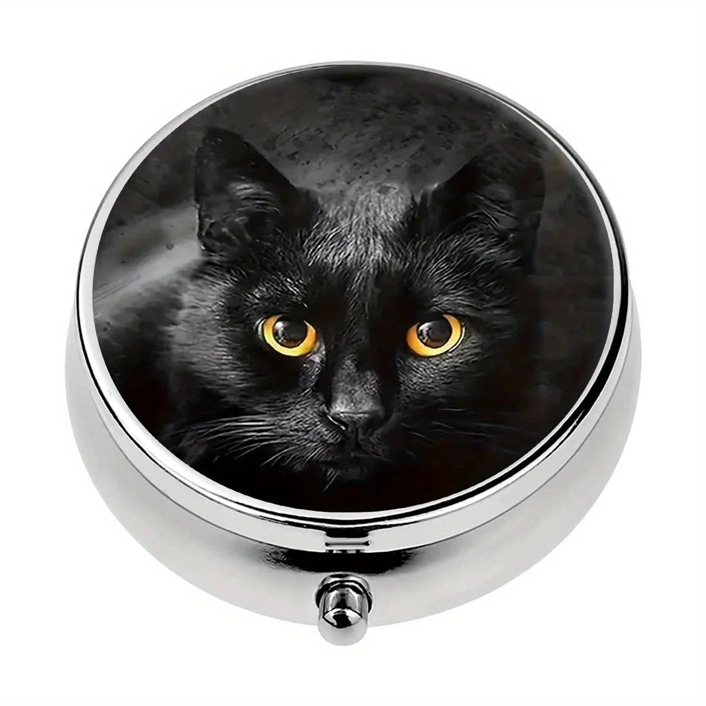 Trendy Black Cat Theme Pill Box - Three-Compartment Metal Pill Box with Halloween-Themed Decorative Lid, Creative Gift for the Christmas Season