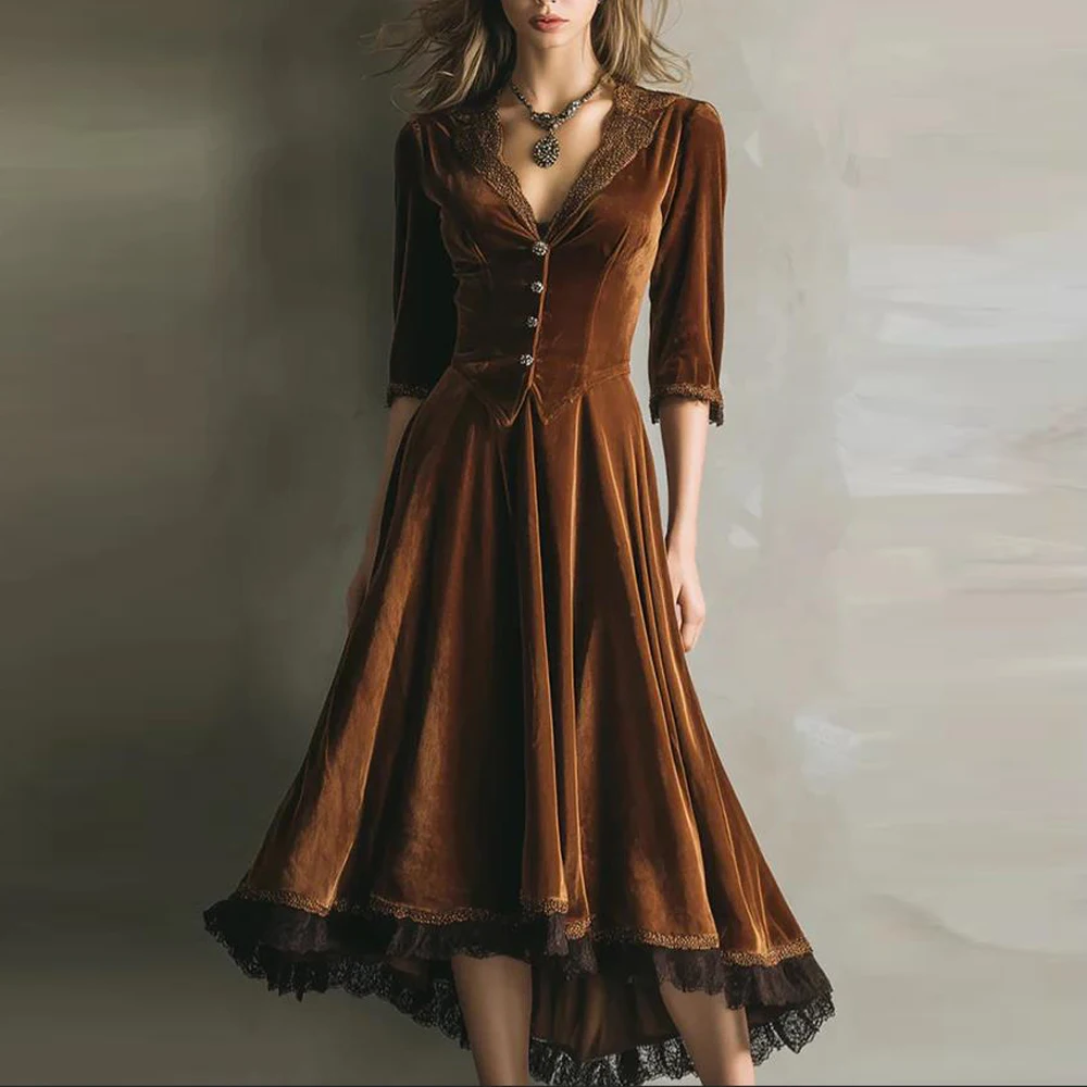 Customized Retro High Low Prom Dress V Neck Half Sleeve A Line Evening Party Gown Asymmetrical Hem Drama Costume Dress