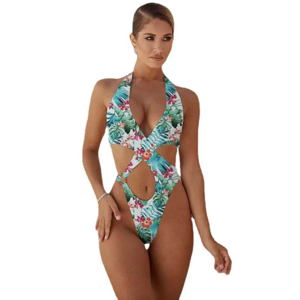 2024 New European and American Bikini Sexy Hollow Multi-color Multi-flower One-piece Beach Suit Beachwear Swimsuit