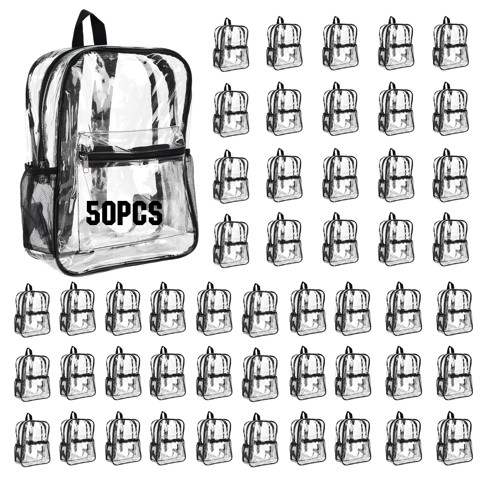 

50 Pack PVC Clear Backpack Bulk Waterproof 15 Inch Transparent Backpack for College Travel Sport Work Stadium Approved