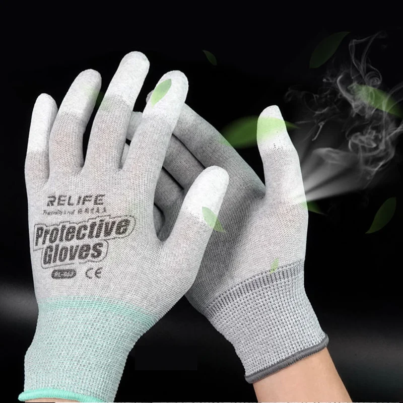 Relife ถุงมือป้องกันไฟฟ้าสถิตย์ RL-063, ถุงมืออิเล็กทรอนิกส์ ESD กันลื่นทนต่อการเสียดสีสำหรับซ่อมโทรศัพท์ถุงมือป้องกันนิ้ว