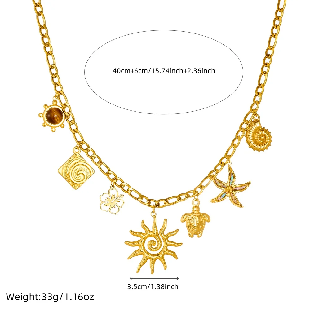LAMENGLY 316L Stainless Steel Classic Elements Spiral Sun Conch Starfish Flower Pendant Necklace Women Summer Daily Wear jewelry