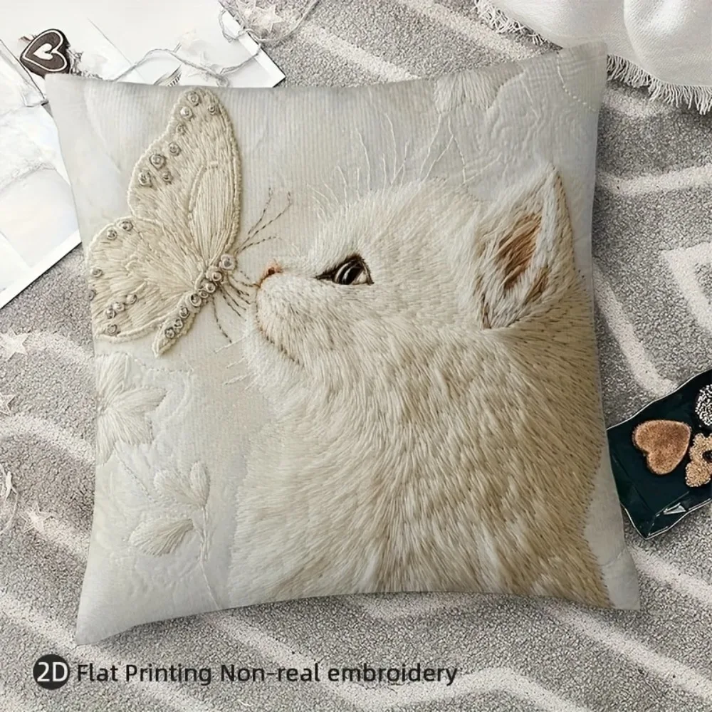 Kitten And Butterfly Pillow Cover Double Sided 2D Print Cozy Pillow Cover Bedroom Living Room Sofa Playful Vibe Accessory Gift