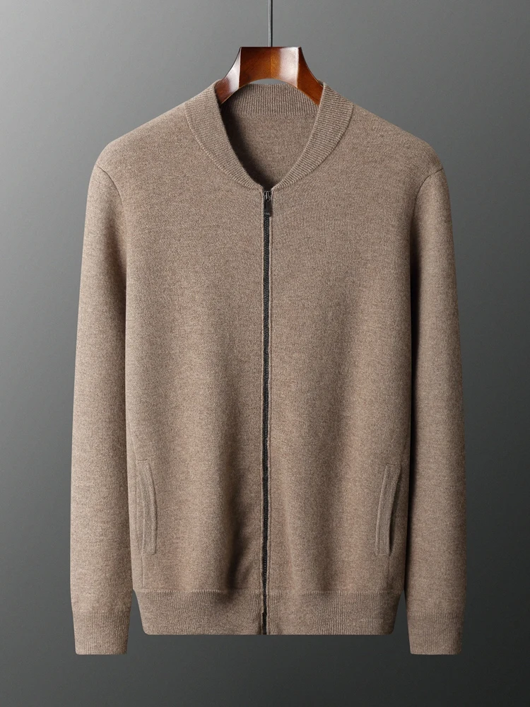 

TLOML Men 100% Cashmere Sweater Mock Neck Zipper Baseball Cardigan Autumn Winter Soft Smart Casual Cashmere Knitwear Comfy Coat