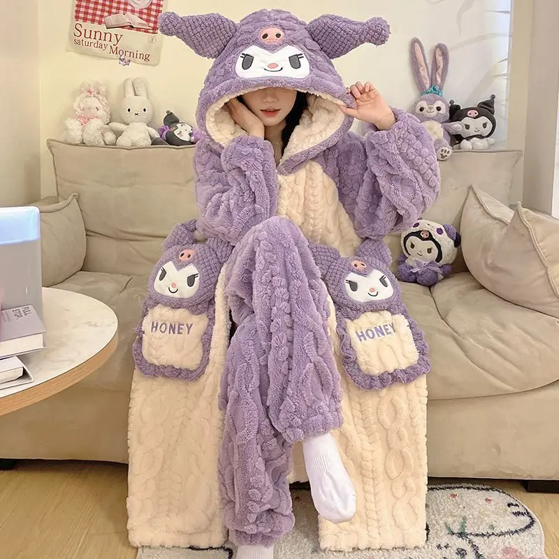 Hello Kitty Pajamas Nightgowns for Girls Coral Velvet Thickened and Warm Cute Home Clothes Loose Casual Anime Cartoons Cozy Soft