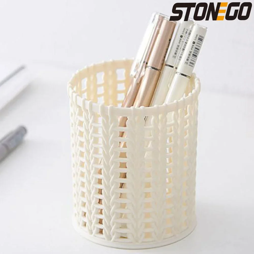 Imitation Rattan Plastic Pen Holder Round Desk Organizer Office Stationery Student Supplies Storage Bucket