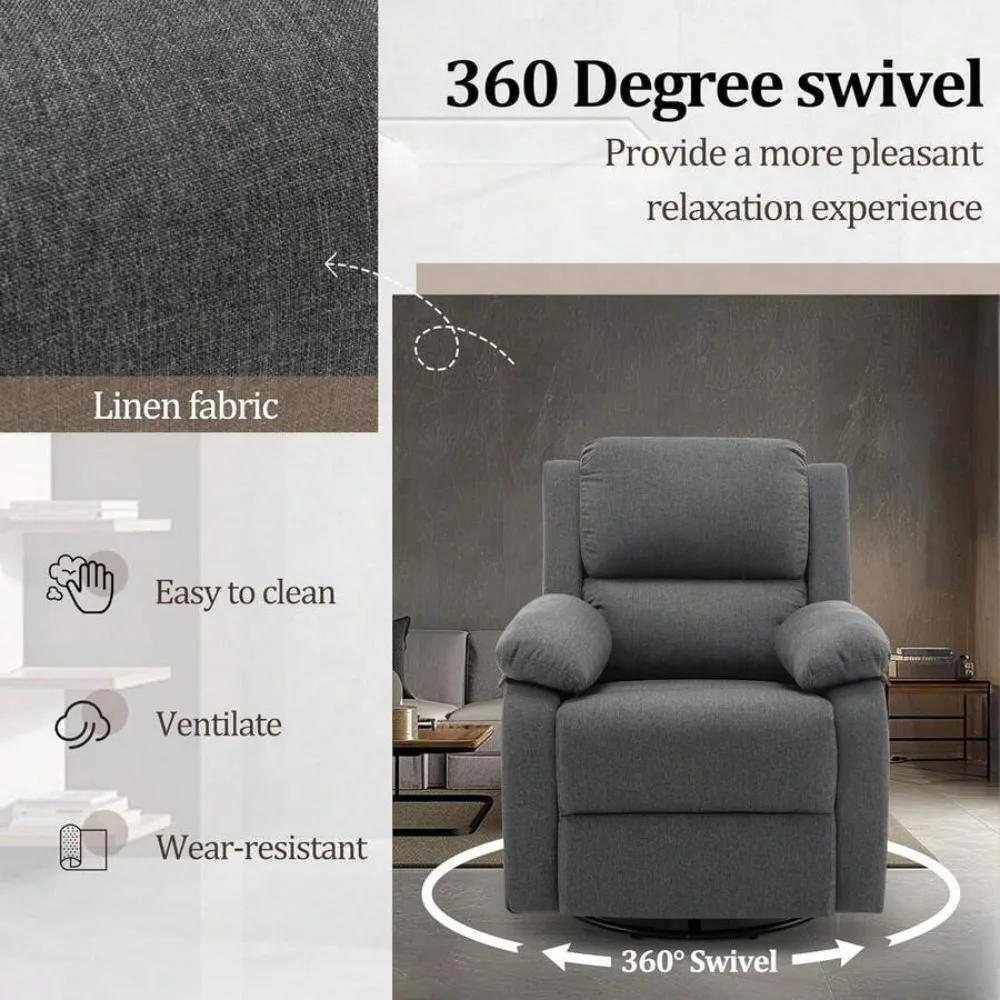 Recliner Chair 360 Swivel Rocker for Adults Small Space Upholstered Fabric Glider with Padded Armrests Modern Living Room Bedroom Reading Room Office Lounge Seating 300lbs Capacity Easy Assembly view 6