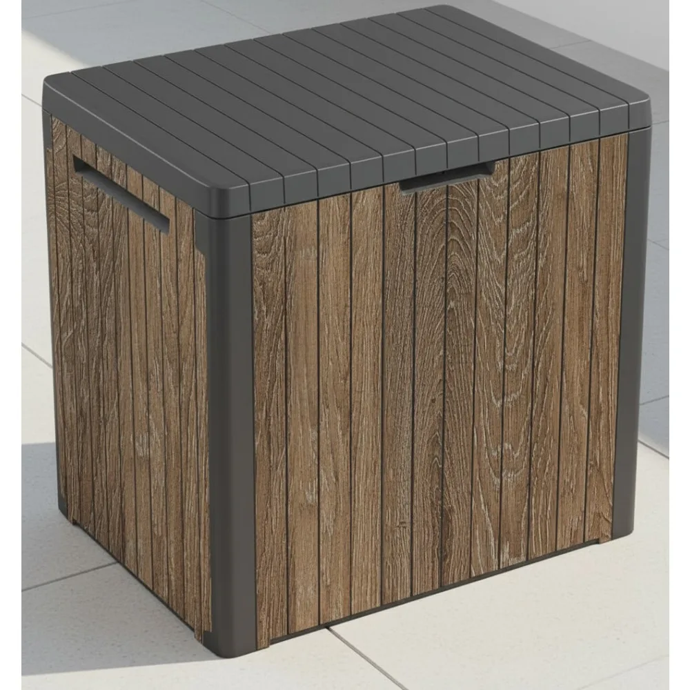

30 Gallon Outdoor Storage Box with Wood Look, Weatherproof Resin Patio Furniture for Garden Pool Accessories