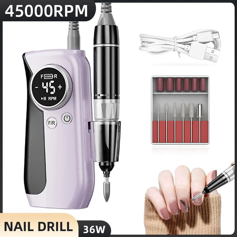 

45000RPM Nail Drill Electric Manicure Machine With LCD Display Professional Cordles Nail File Kit For Acrylic Nail Equipment