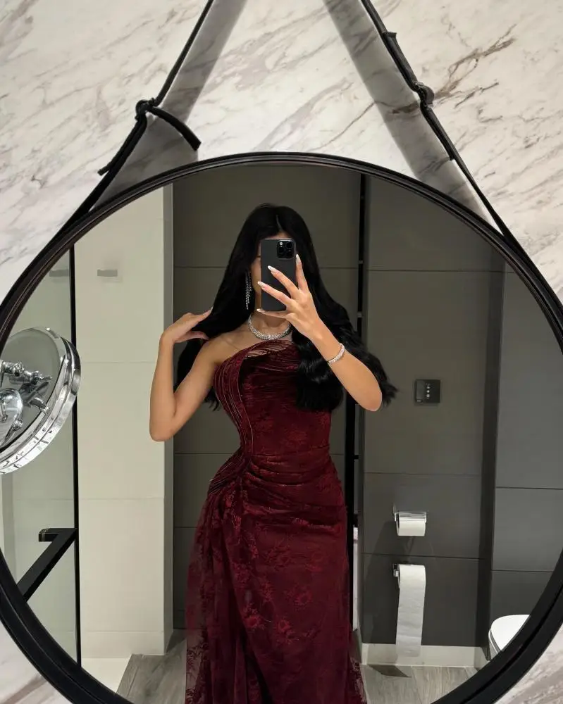 Jirocum Elegant Luxury Prom Gala Mermaid Party Gowns Burgundy Strapless Lace Ruched Trailing Red Carpet Evening Dresses