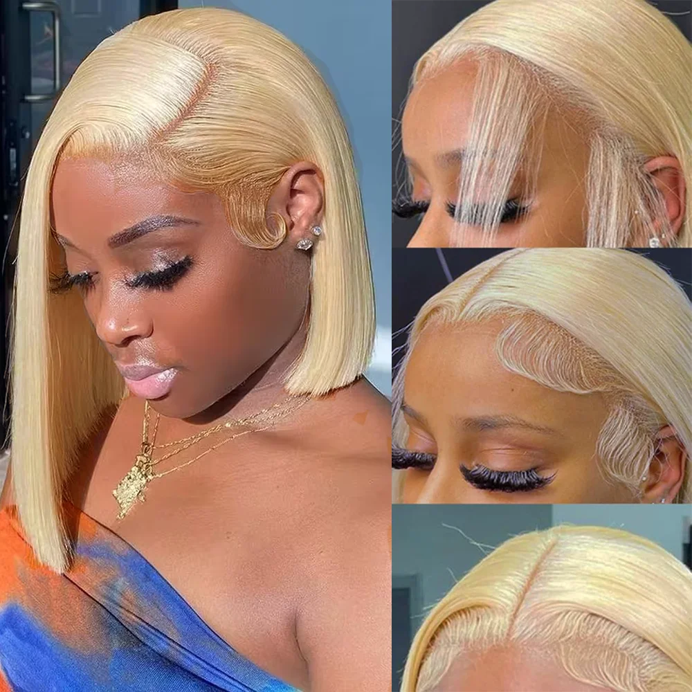 8 インチ 613 ボブハニーブロンドレースフロント人毛ウィッグ女性のための人毛レミーブラジル安い 13 × 6 ストレートショートボブウィッグ