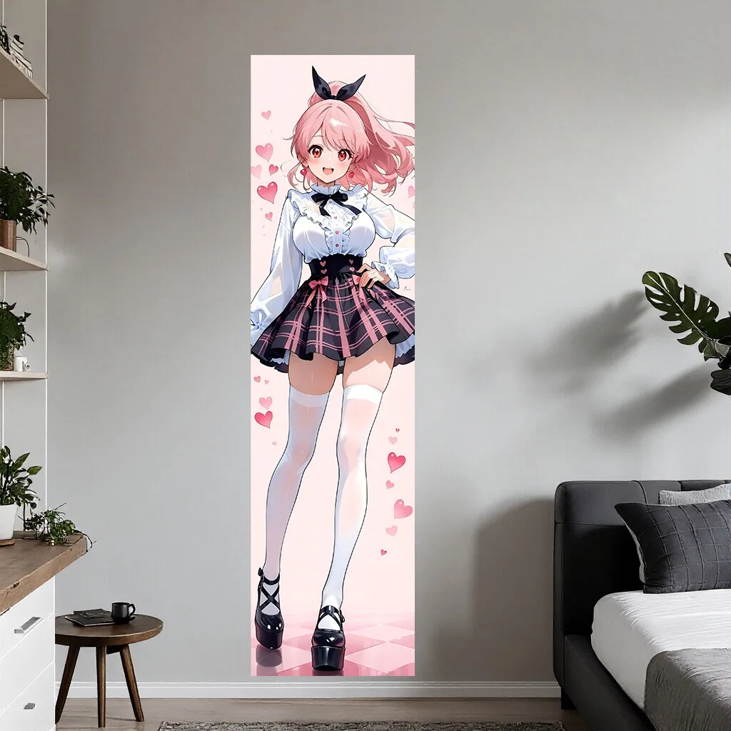 Kawaii Pink Hair Anime Girl Tapestry Sweet Plaid Skirt Heart Manga Portrait Wall Hanging Aesthetic Dorm Bedroom Background Decor