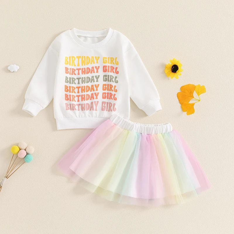 Traje de cumpleaños para niña pequeña, sudadera de manga larga con estampado de letras y falda de tul arcoíris, conjunto para bebé, ropa bonita de otoño