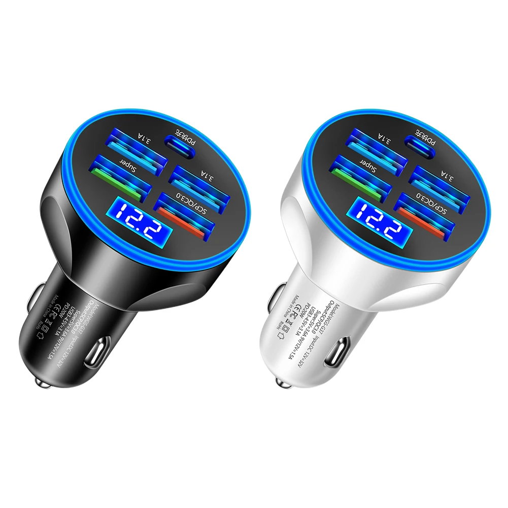 250W 5 Port Car Charger Super Fast Charging PD QC3.0 USB C Car Phone Charger Type C Adapter In Car For IPhone Huawei Realme OPPO