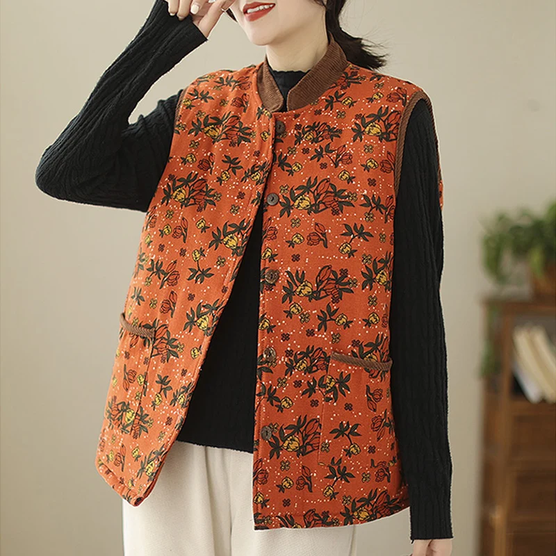 

Vintage Literary Women Cotton Vest Coat 2024 New Autumn Winter Floral Print Sleeveless Quilted Jackets Casual Loose Waistcoat