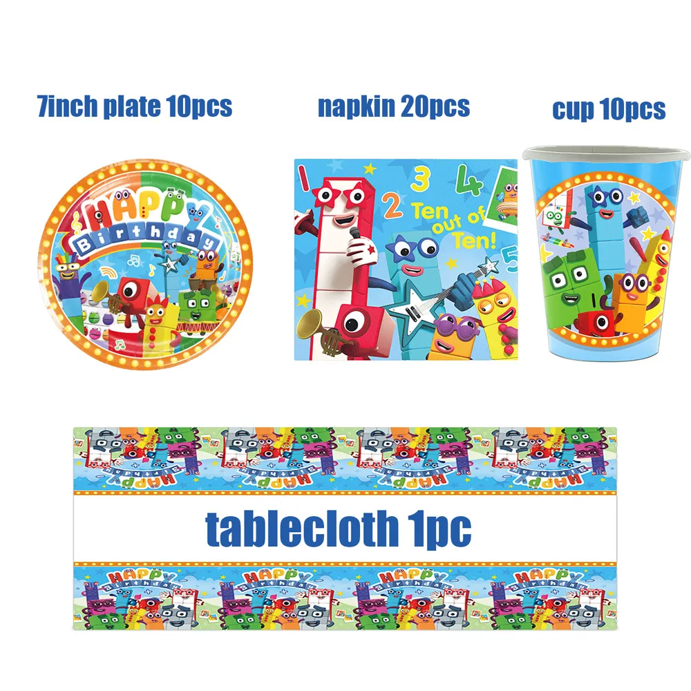 Cartoon Number Building Blocks Theme Birthday Party Decoration Disposable Tableware Balloon Banner Cake Topper Baby Shower Prop