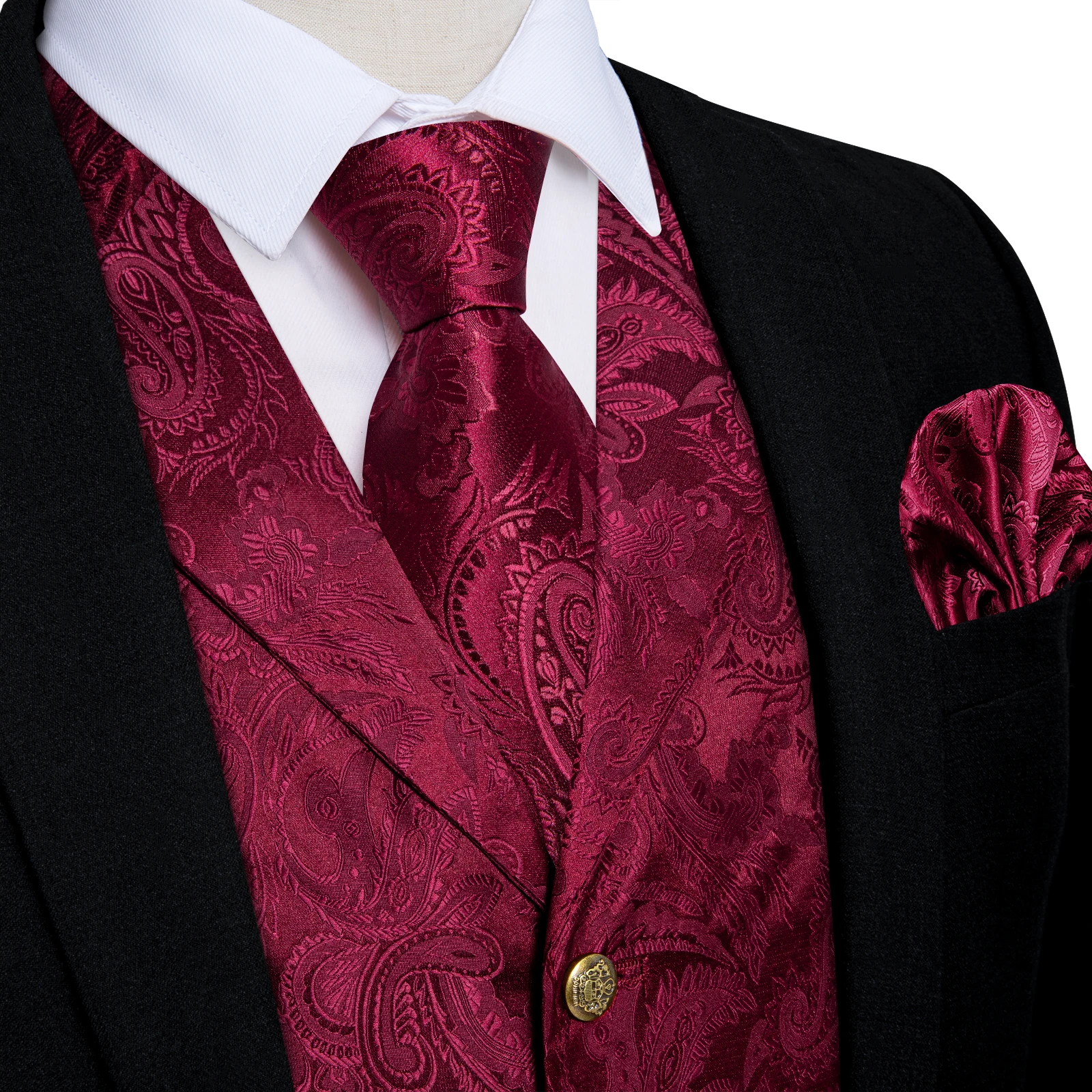 Luxury Red Paisley Silk Suit Vest for Men with 8cm Neck Tie Handkerchief Cufflinks Wedding Prom Blue Grey Tuxedo Waistcoat