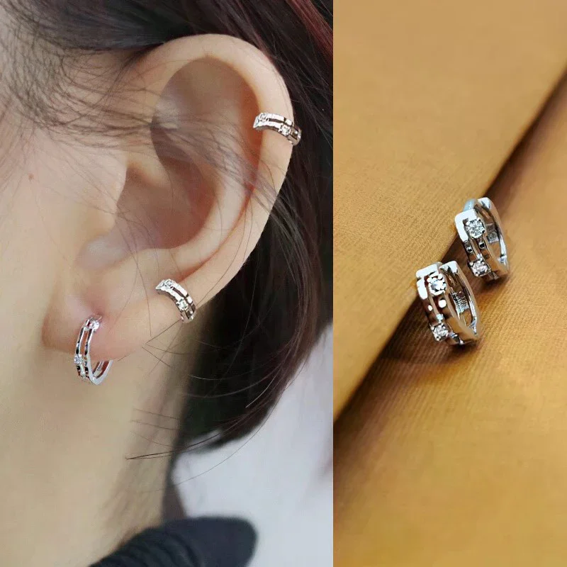 1Pair Fashion Simple Small Hoop Earrings For Women Men Shiny Zircon Round Circle Ear Bone Nail Ear Piercing Jewelry