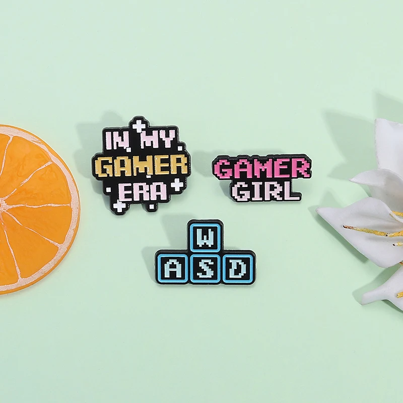 In My Gamer Era Pixel Enamel Pin Gamer Girl WASD Keyboard Game Operation Buttons Brooches Lapel Badge Jewelry Gift For Friends
