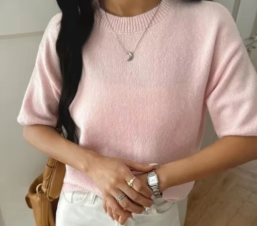 

Осенне-зимний вязаный свитер с короткими рукавами и круглым вырезом 2025 года, свободный повседневный пуловер на каждый день