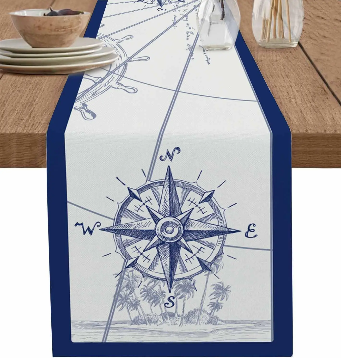 Nautical Map Compass Linen Table Runner Dresser Scarf Table Decor Washable Kitchen Dining Table Runner Holiday Party Decor