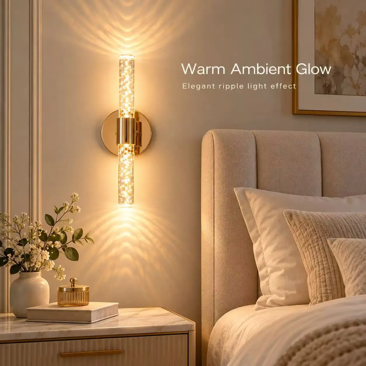 2PCS Champagne Gold Rechargeable Wall Sconces, 4400mAh Battery Operated Bubble Wall Lights with Remote Control, Magnetic No-Dril