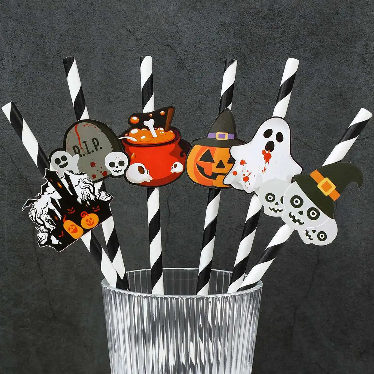 

25Pcs Halloween Cartoon Disposable Straws Spider Bat Ghost Pumpkin Card Paper Straws Halloween Party Decorations Juice Straws