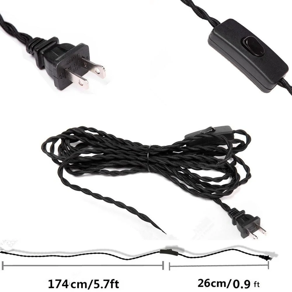 6.6Ft Twisted Cloth Covered Lamp Cord with Switch Button and Molded Plug,Fabric Electrical Cord, Stripped Ends Ready for Wiring