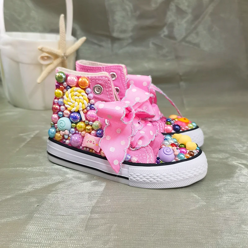 Kinderschoenen Naam Foto Custom Ontwerp Voor Meisje Verjaardagsfeestje Canvas Poppen Handgemaakte Bling Regenboog Parels Sneakers