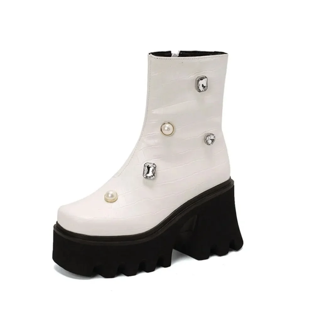 Women Square Toe Platform Ankle Boots,Rhinestone Pearl Decor Wedge Side Zipper Large Size 34‑44 Street Fashion Footwear 5001