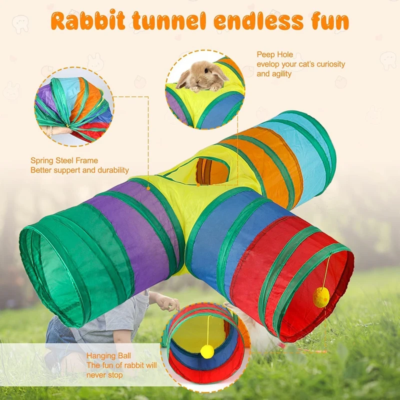 Bunny Tunnels & Tubes Collapsible 3 Way Bunny Hideout Small Animal Activity Tunnel Toys For Dwarf Rabbits Bunny Kitty