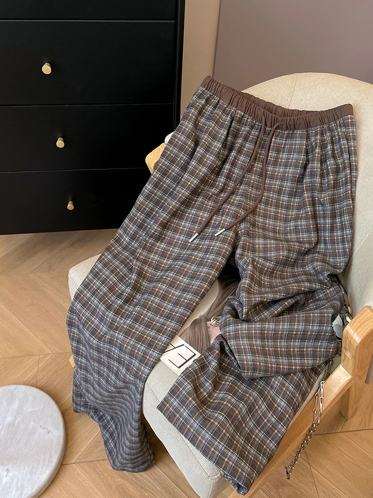 캐주얼 와이드 레그 팬츠 여성 빈티지 체크 루즈 레이지 윈드 스포츠 스트레이트 트라우저 하이웨이스트 레트로 봄 여름 레이스업 팬츠