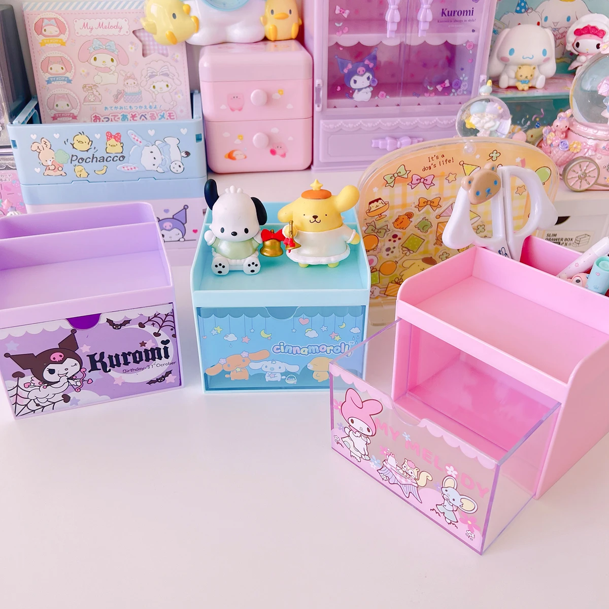 Kawaii Sanrio Kuromi Pen Holder Hello Kitty My Melody Cinnamoroll Girl Cartoon Large Capacity Desktop Stationery Storage Box