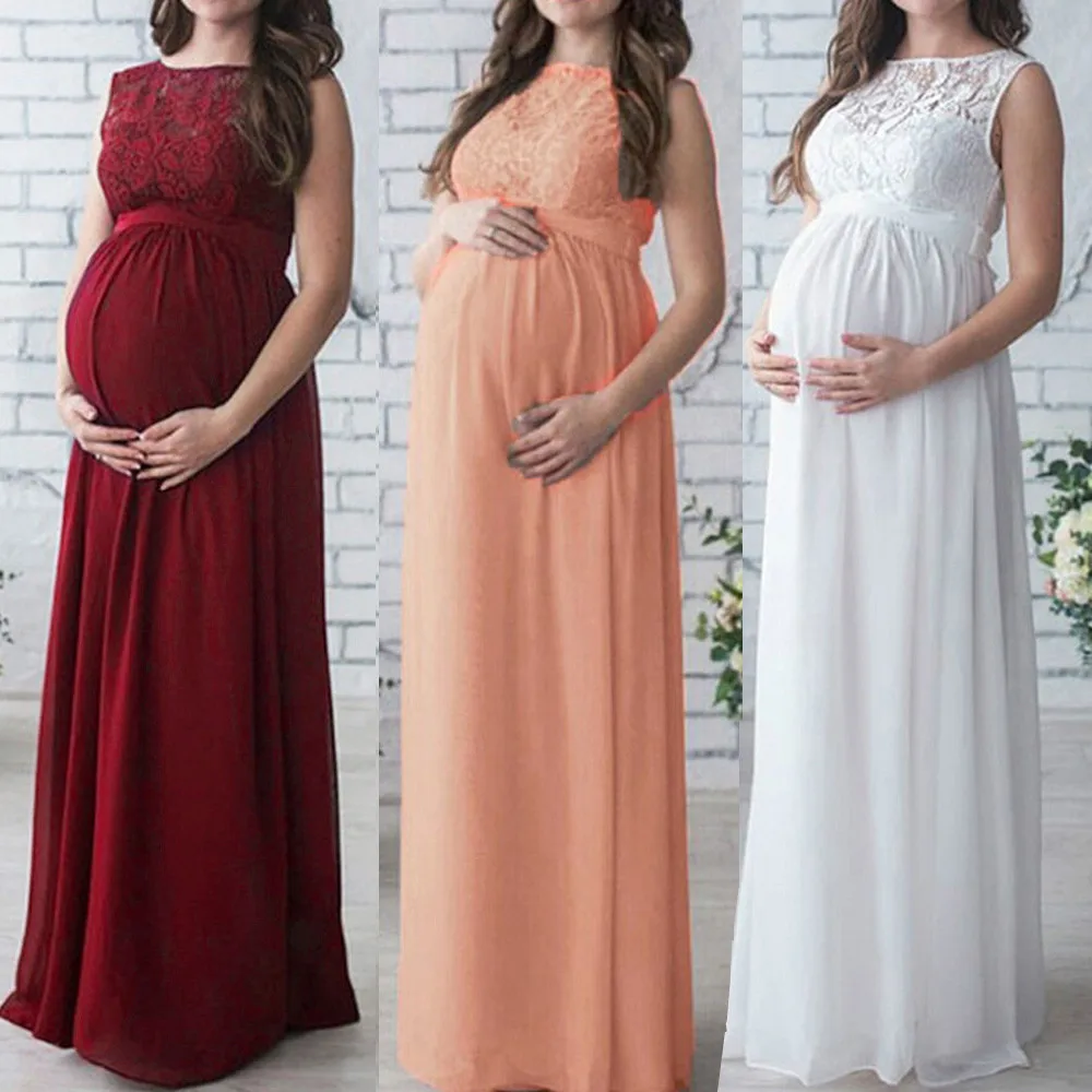 Pregnant Women Lace Long Maxi Dress Maternity Gown Maternity Tops Wedding Guest Dresses for Women Overlay Lace Dress Women